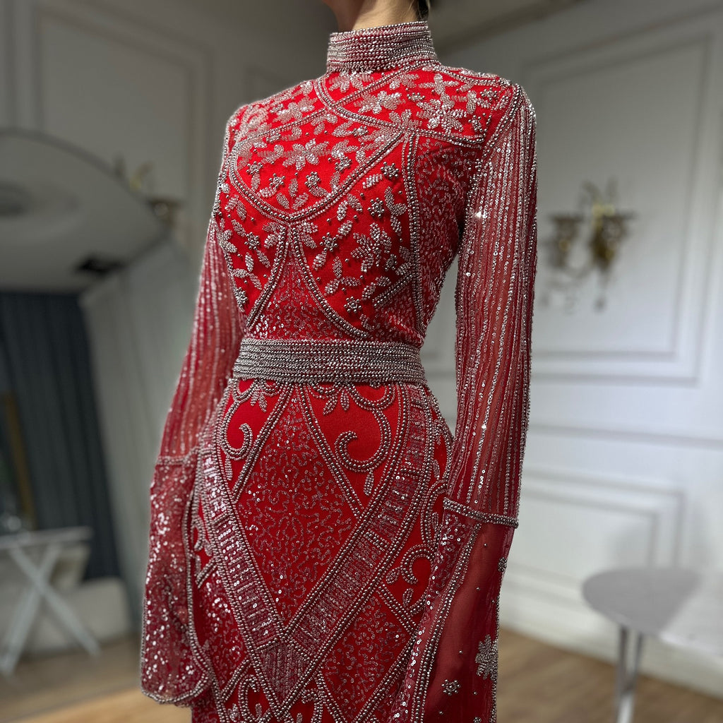 Robe de Soirée Longue Queue de Poisson Col Haut Rouge en Polyester