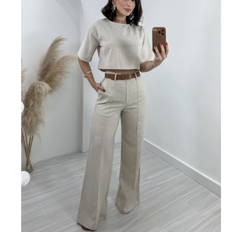 Fashion Cotton And Linen Short Top High Waist Wide Leg Pants Suit