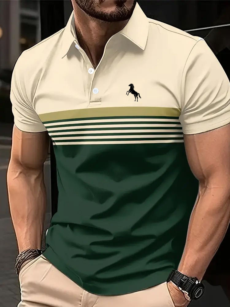 Polo de golf décontracté pour homme à rayures et blocs de couleur, avec col sport