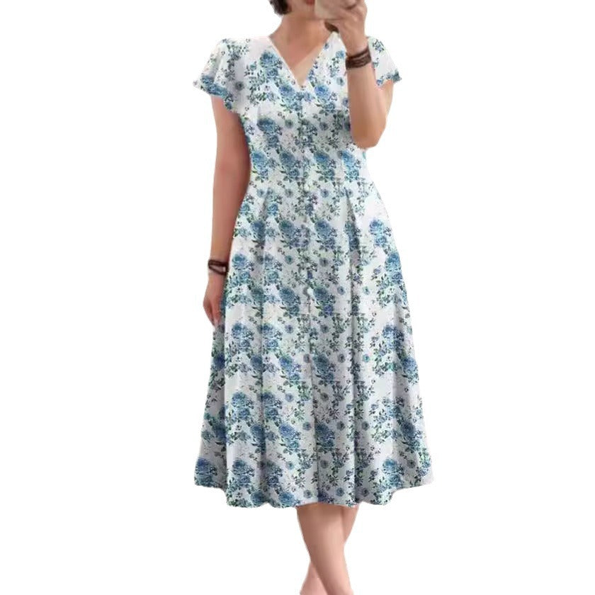 Floral Button-Front Short Sleeve A-Line Dress for Women