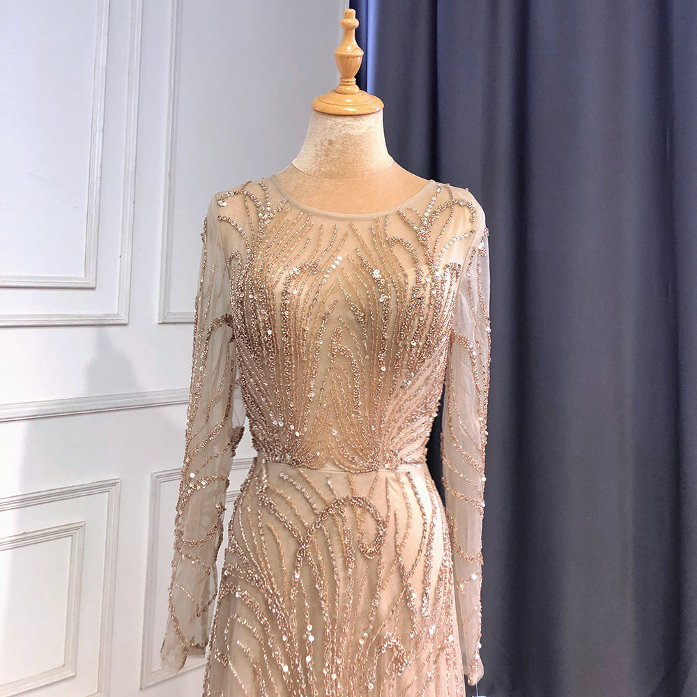 Light Luxury Caramel Polyester Evening Dress with Long Sleeves