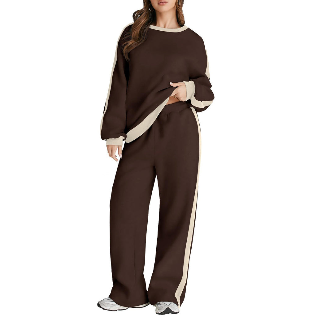 Graceful Color Matching Long Sleeve Loose Pullover Sweatshirt & Sweatpants Set