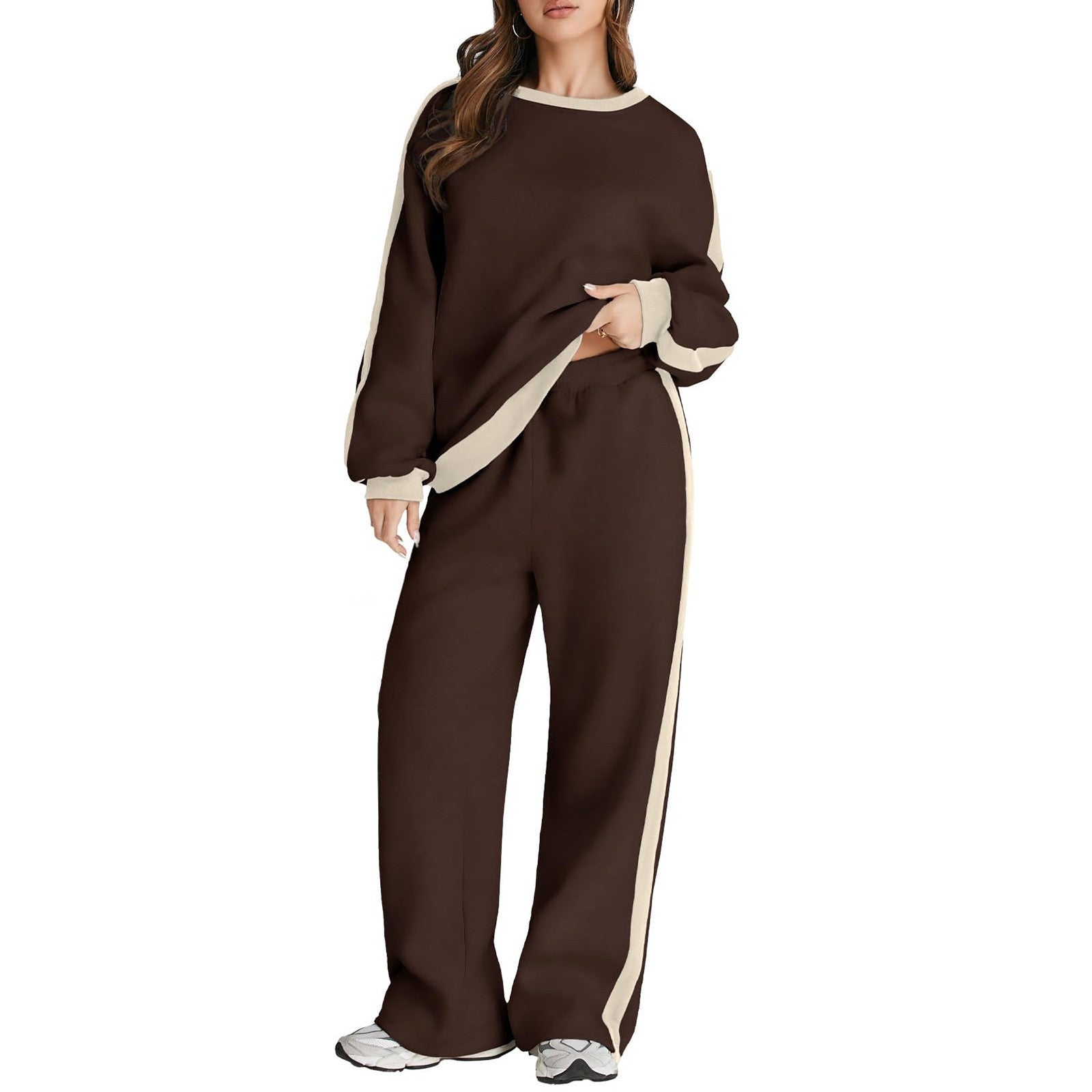 Graceful Color Matching Long Sleeve Loose Pullover Sweatshirt & Sweatpants Set