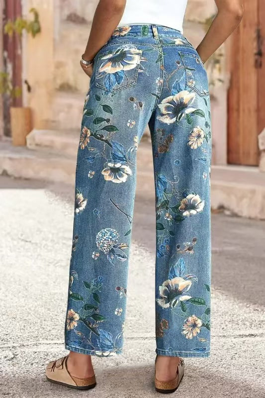 Women's Printed Denim Mid-Waist Straight Wide-Leg Pants for Spring & Autumn