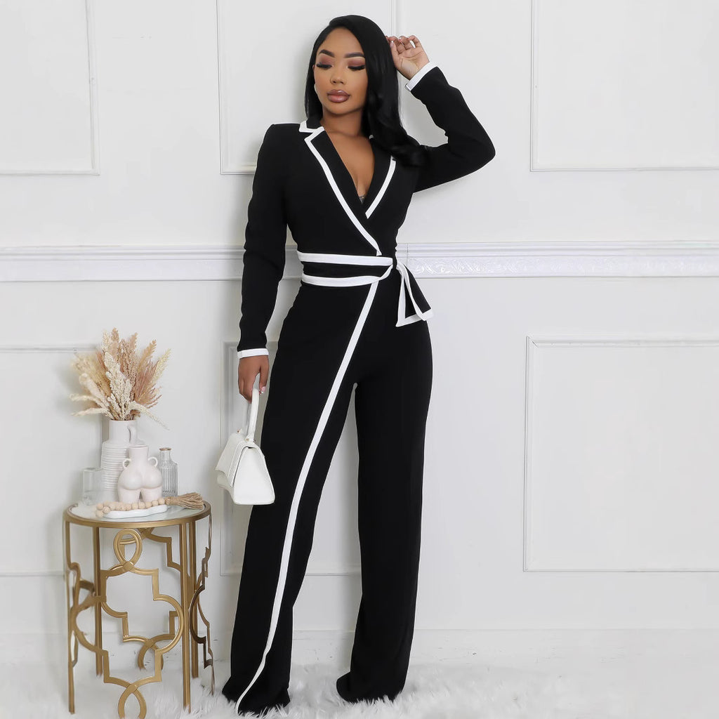 Dual-Color Patchwork Belted Long Sleeve Jumpsuit