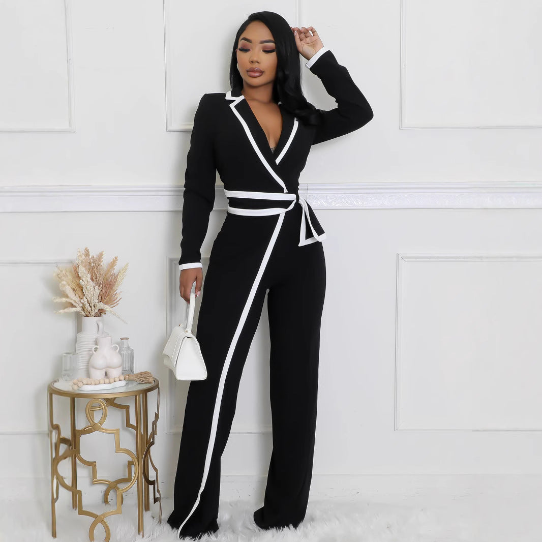 Dual-Color Patchwork Belted Long Sleeve Jumpsuit