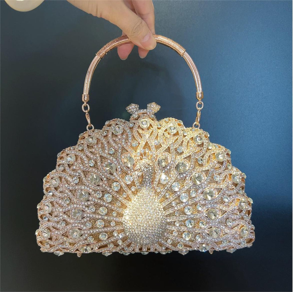 Large Peacock Diamond Evening Bag with Metal Handle and Chain, 23cm