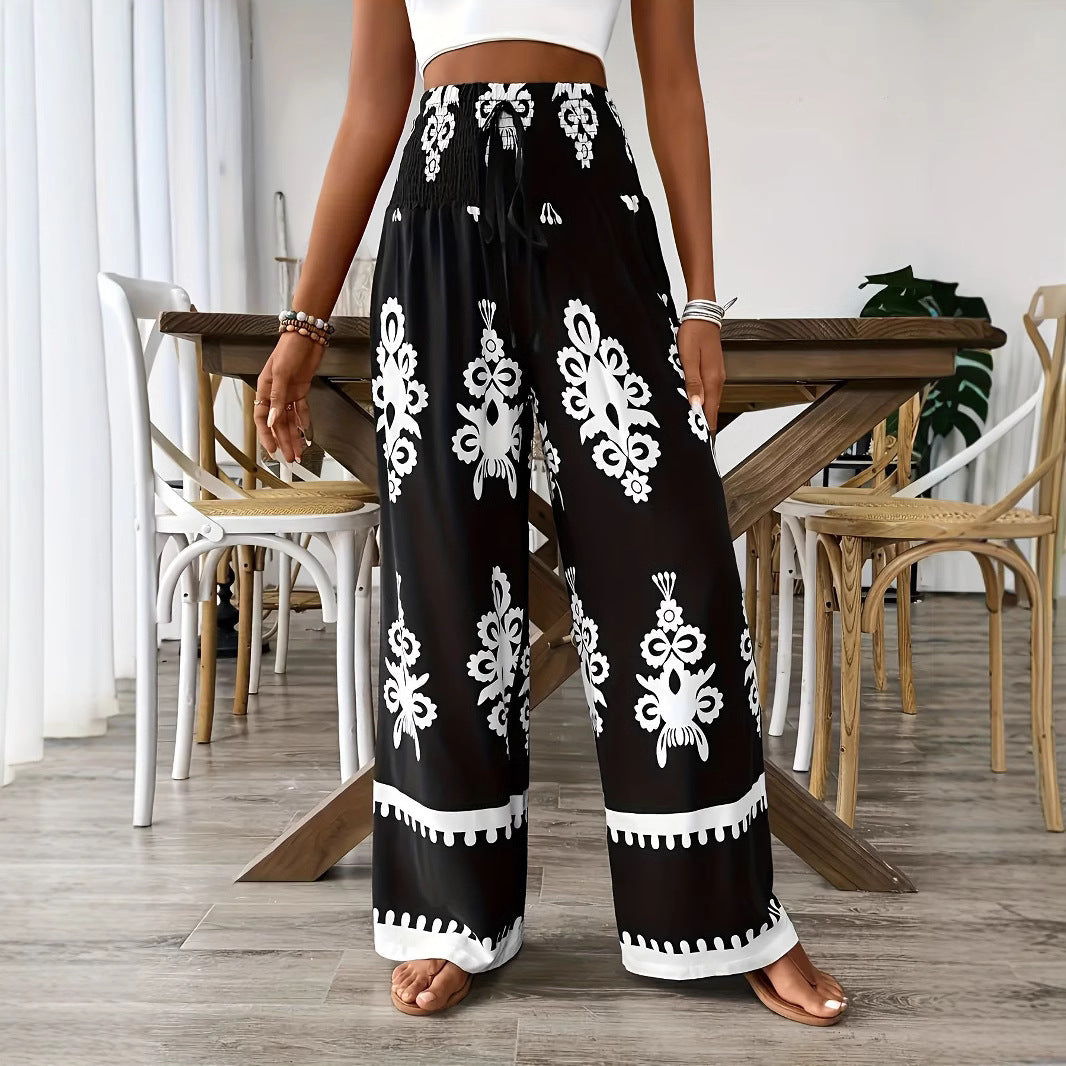Pantalon décontracté large taille haute à lacets et motif 3D pour femmes