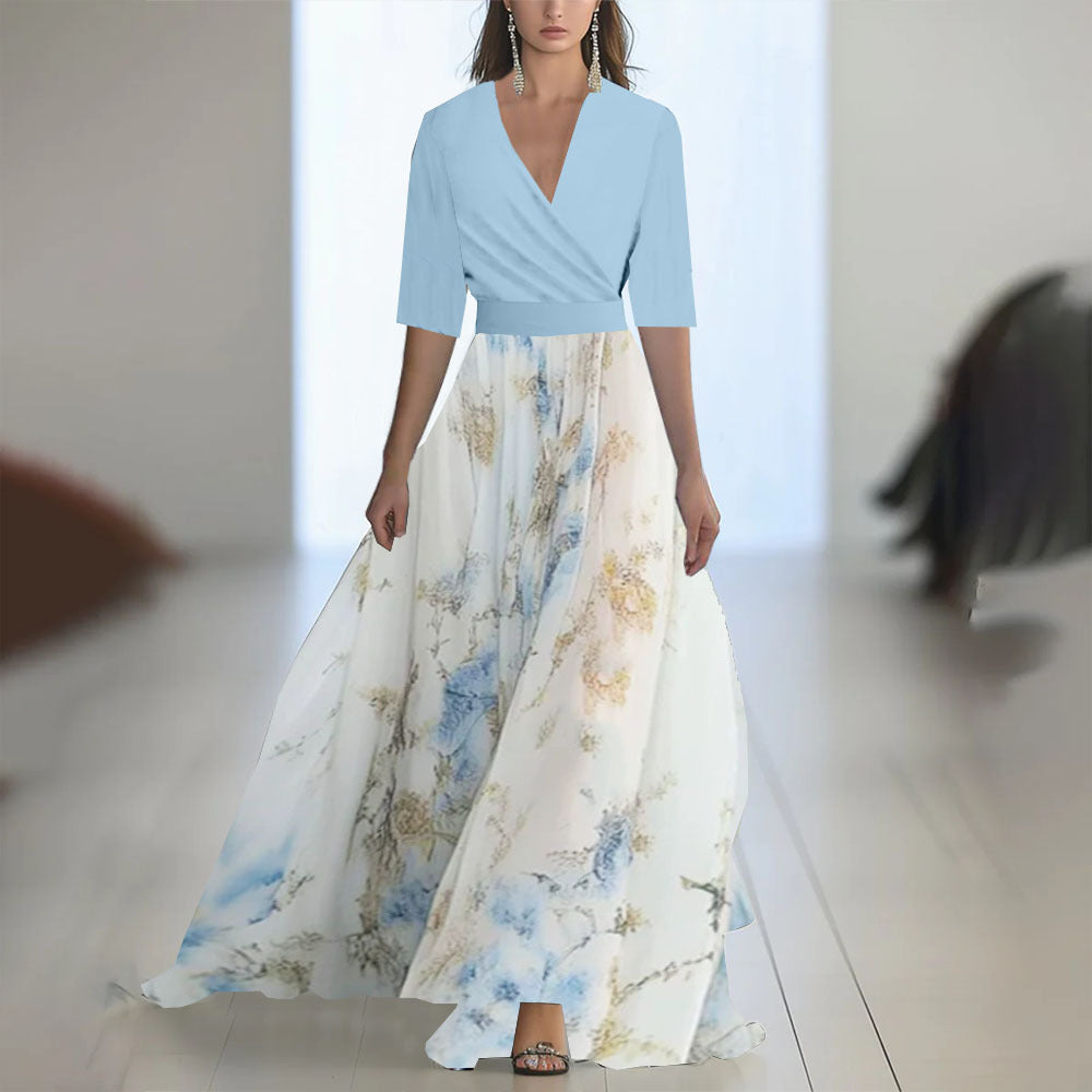 Printed Long Sleeve V-Neck Patchwork Dress with Belt