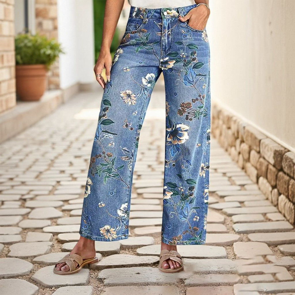 Women's Printed Denim Mid-Waist Straight Wide-Leg Pants for Spring & Autumn