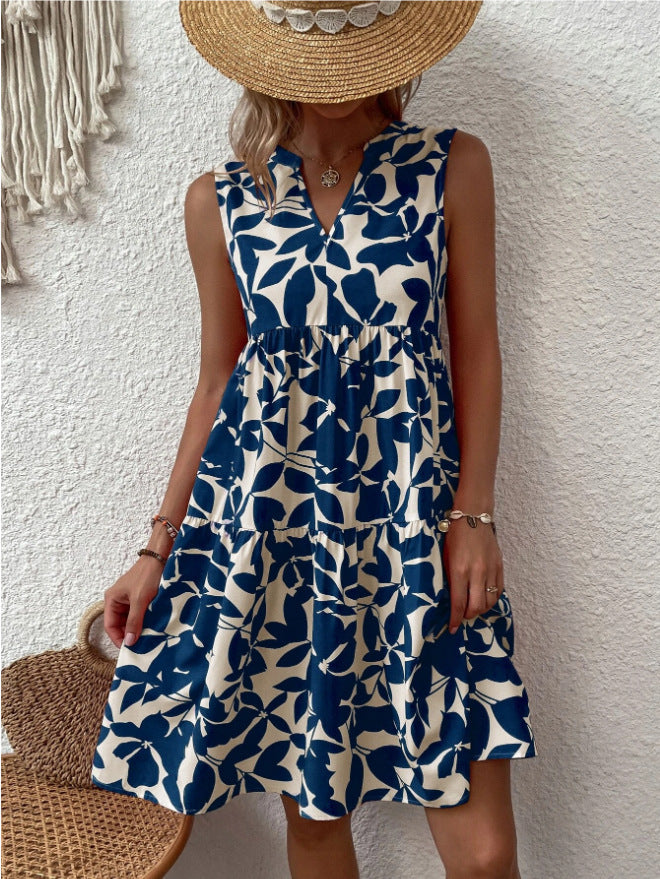 Robe mi-longue plissée à imprimé et col en V ample pour femme