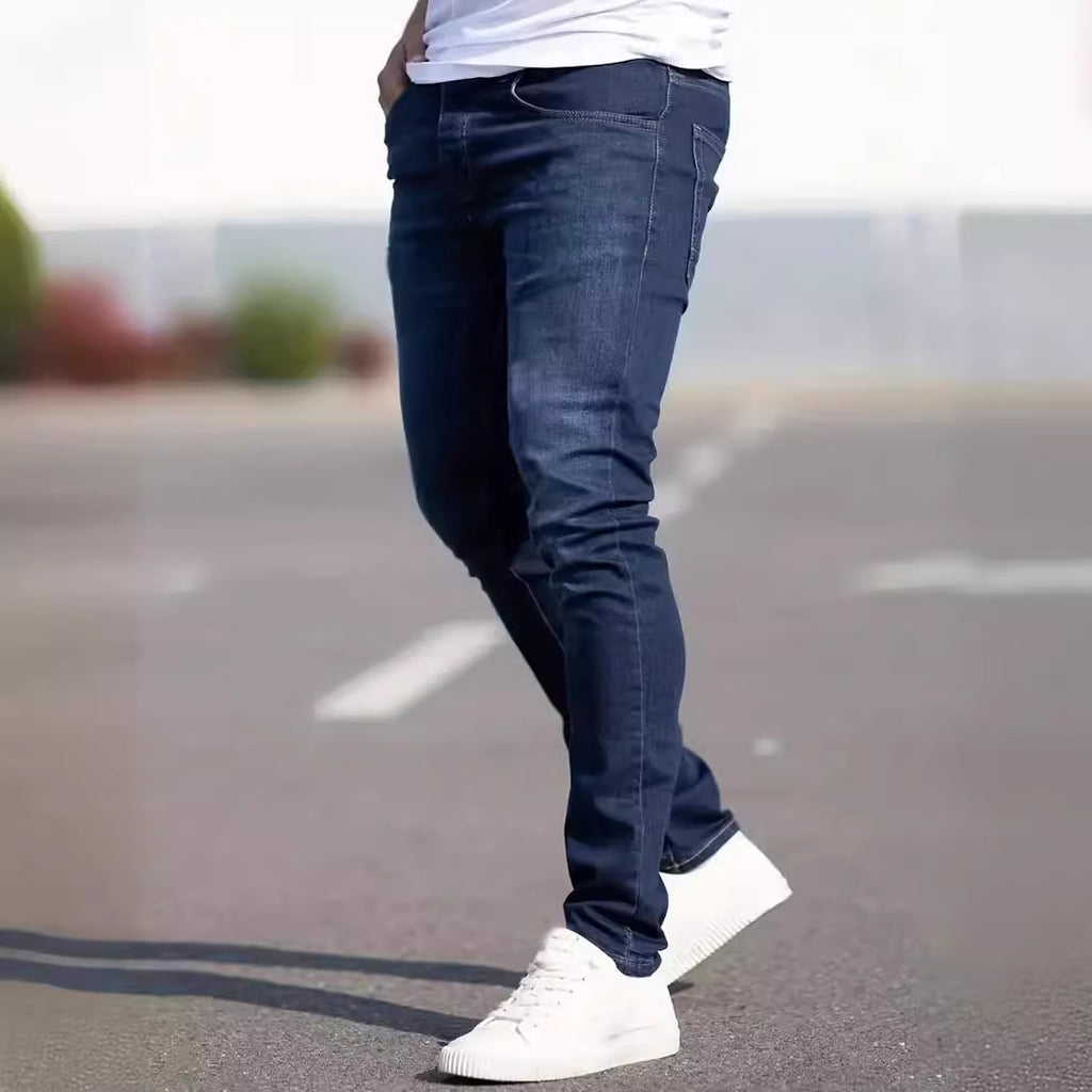 Jeans décontracté bleu foncé coupe slim homme taille moyenne en coton