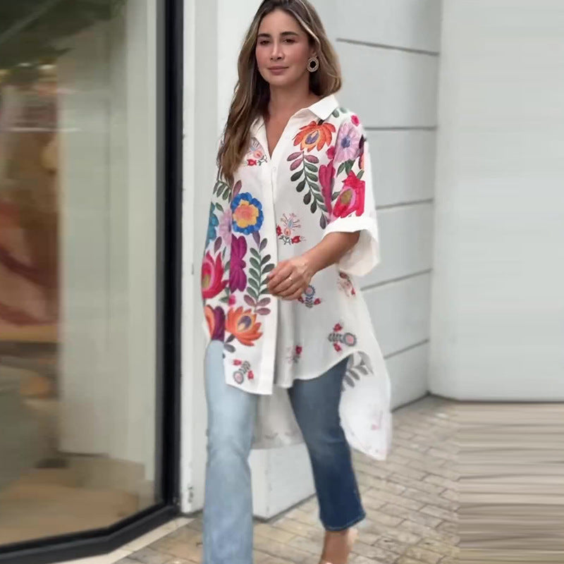 White Floral Irregular Long Sleeve Slim Shirt for Women