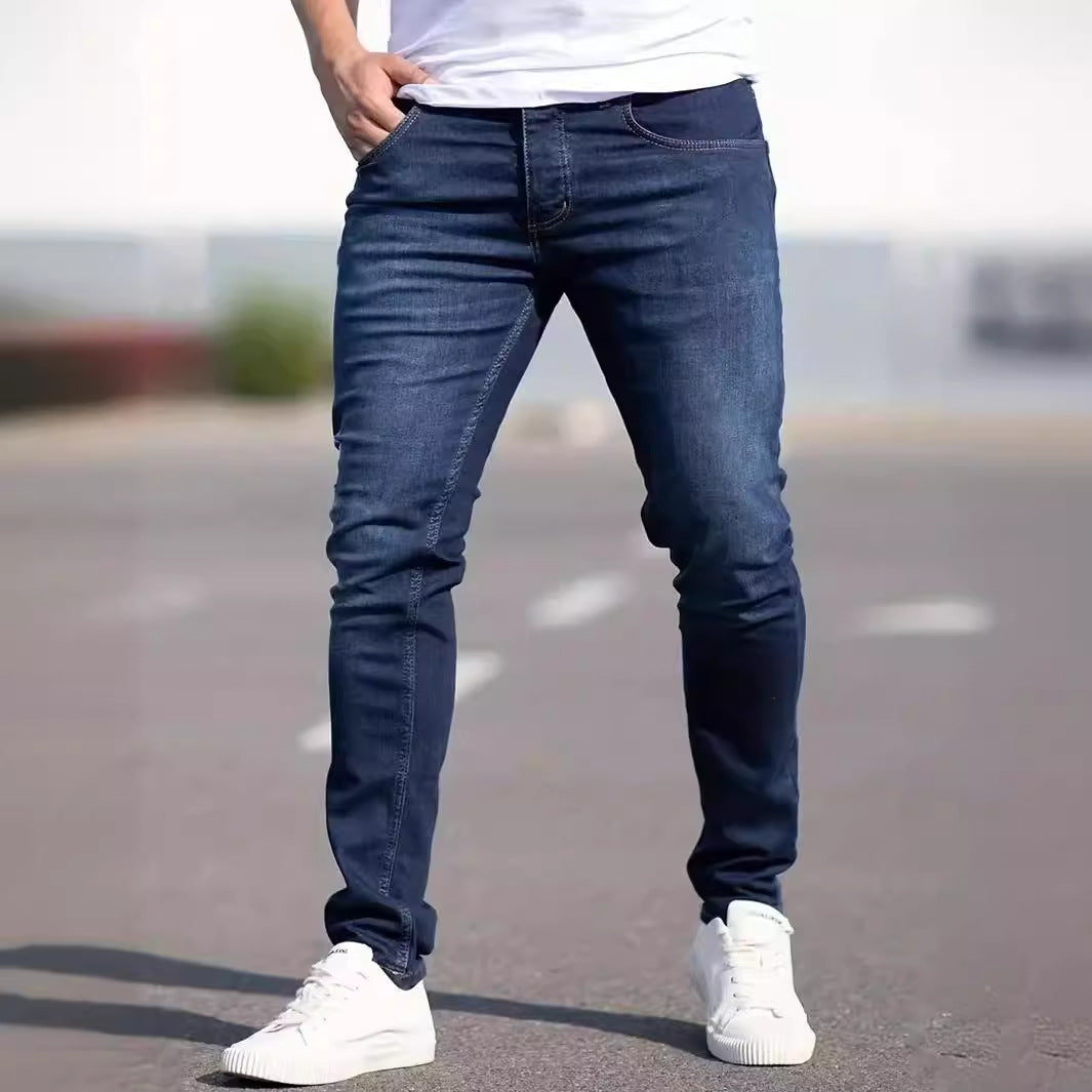 Jeans décontracté bleu foncé coupe slim homme taille moyenne en coton