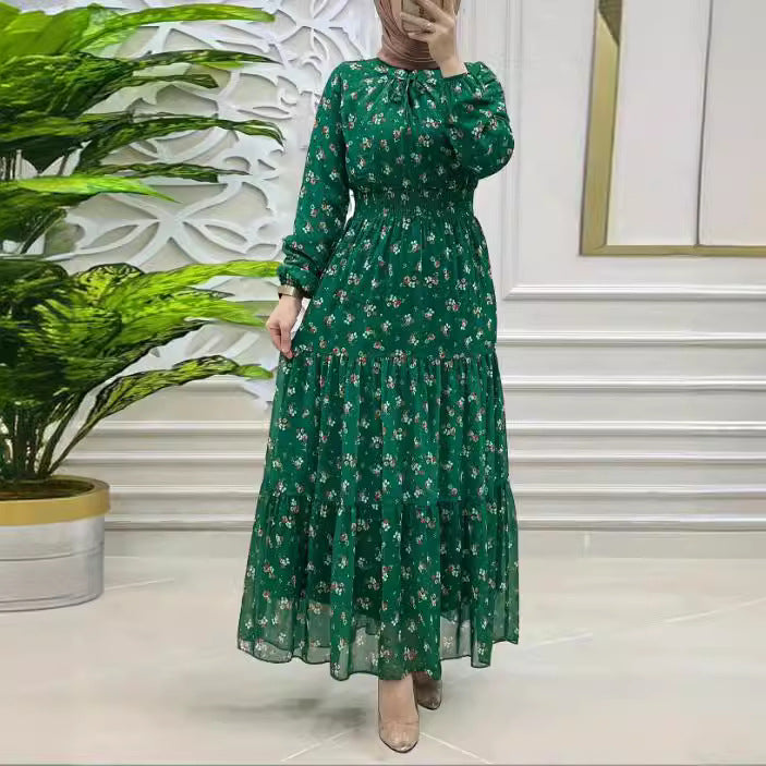 Robe longue en mousseline de soie à fleurs smockée élégante pour femme du Moyen-Orient