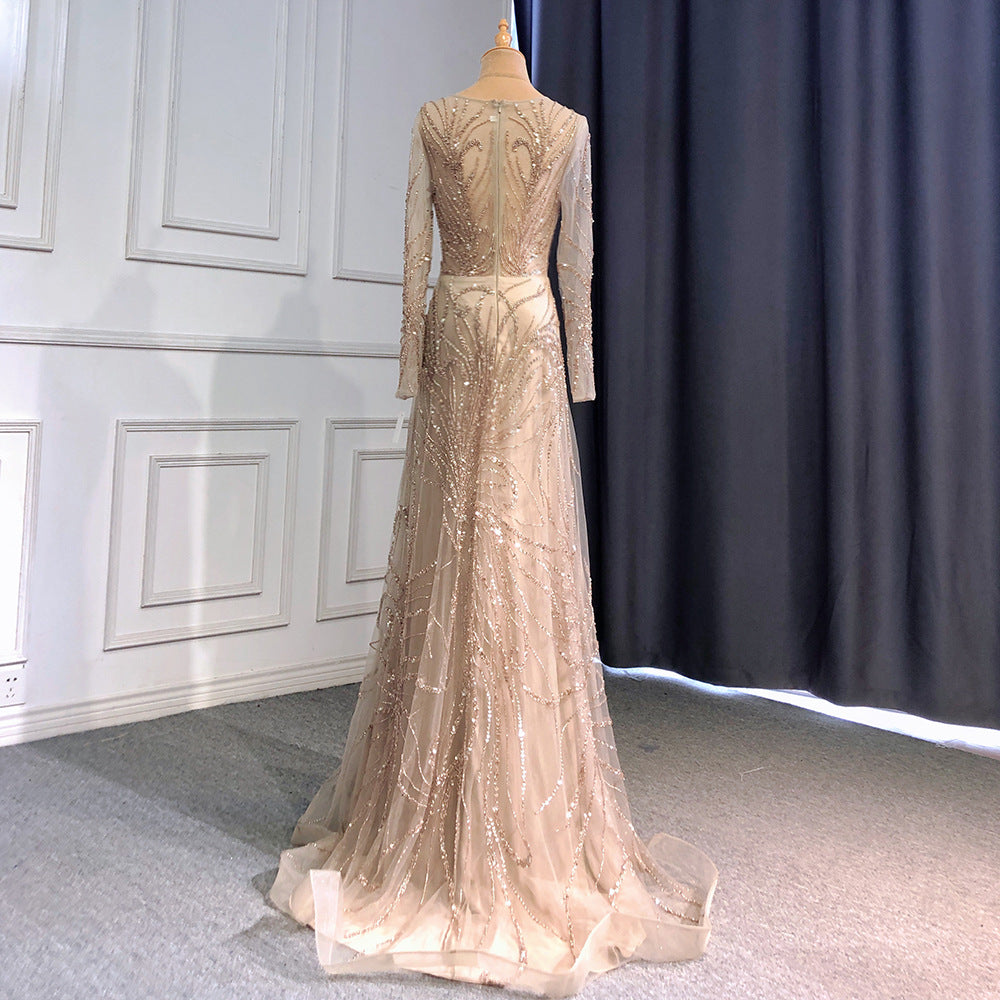 Light Luxury Caramel Polyester Evening Dress with Long Sleeves
