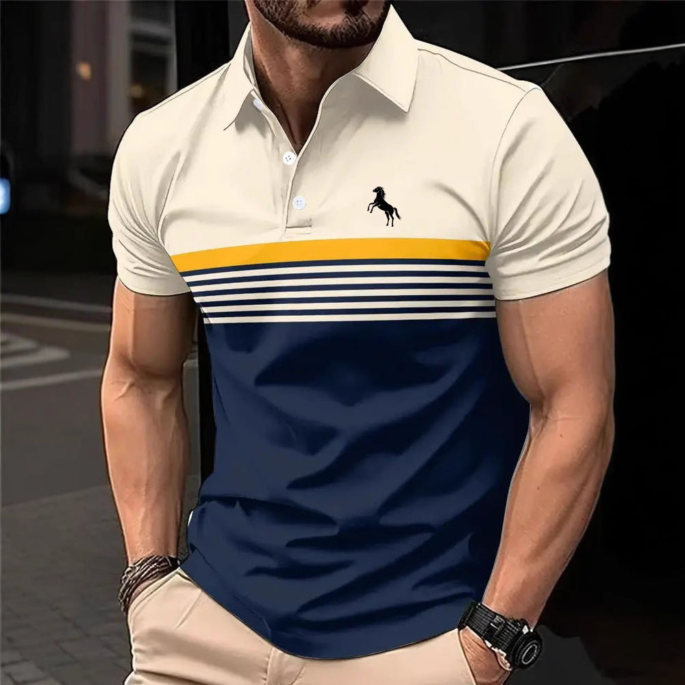 Polo de golf décontracté pour homme à rayures et blocs de couleur, avec col sport