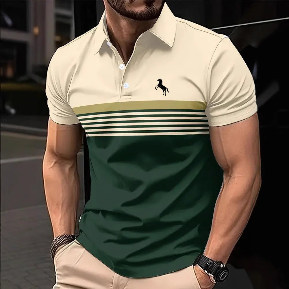 Polo de golf décontracté pour homme à rayures et blocs de couleur, avec col sport