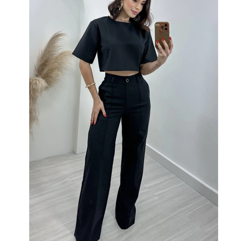 Ensemble Haut Court en Coton Lin et Pantalon Large Taille Haute