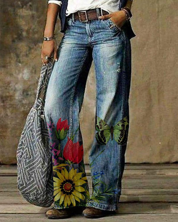Jeans évasé ample décontracté à motif 3D diagonale