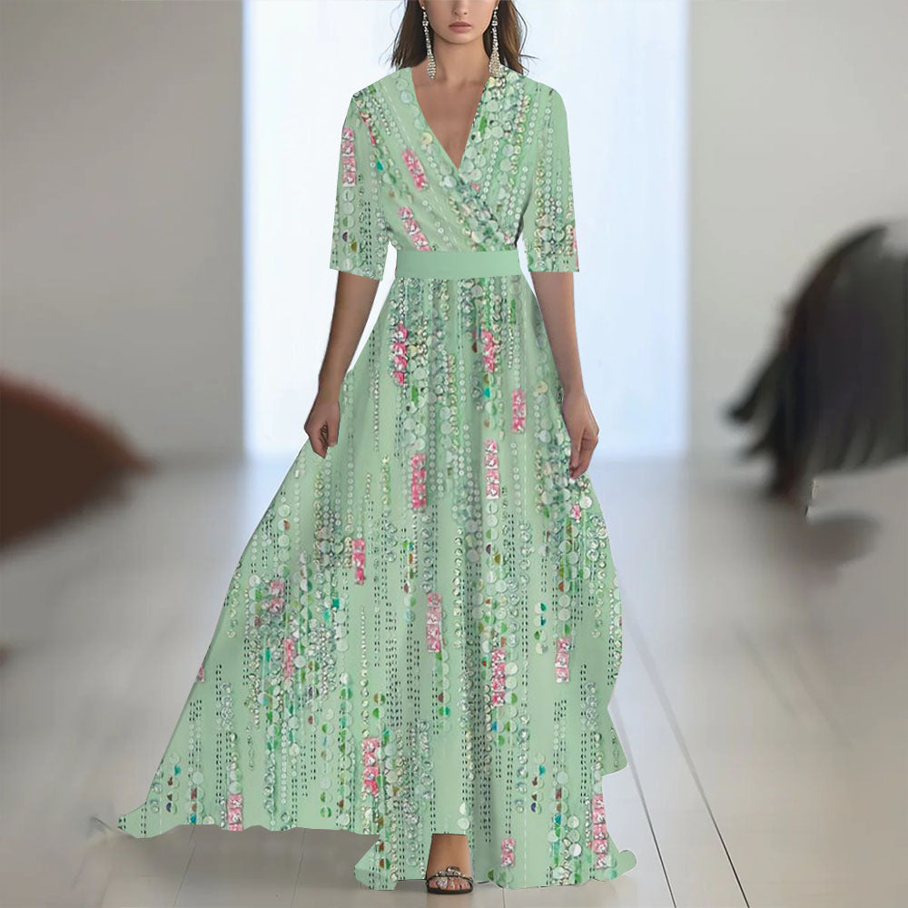 Printed Long Sleeve V-Neck Patchwork Dress with Belt