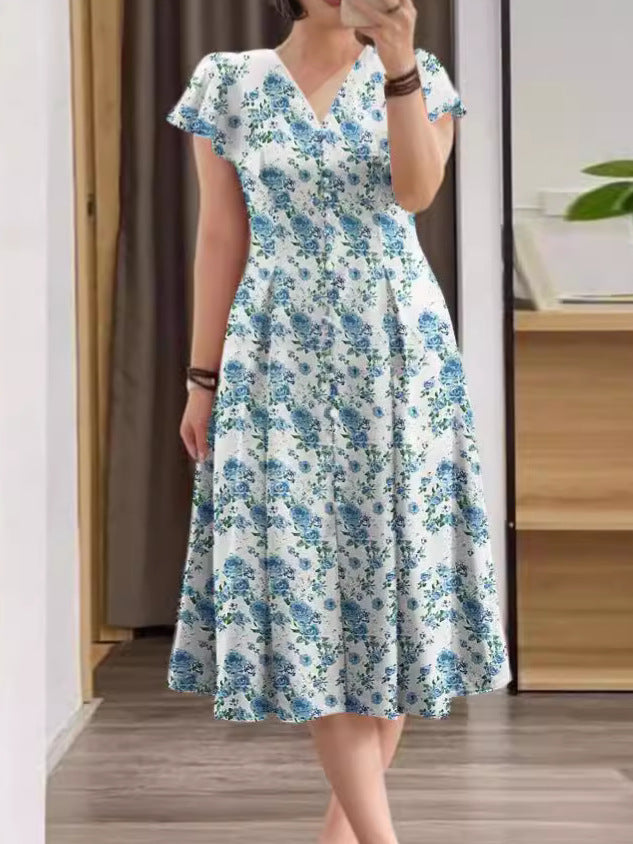 Floral Button-Front Short Sleeve A-Line Dress for Women