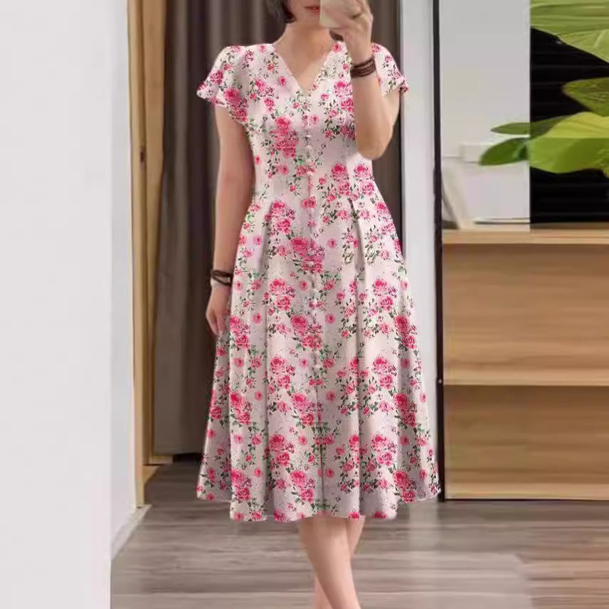 Floral Button-Front Short Sleeve A-Line Dress for Women