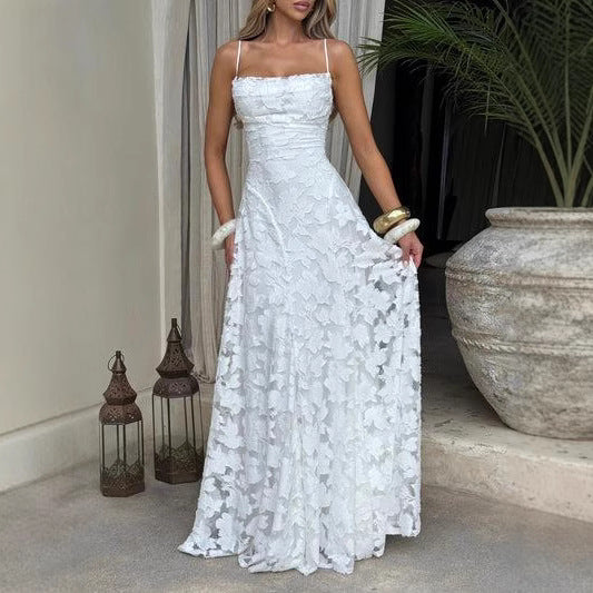 Women's Backless Chiffon Sling Dress Sleeveless High Waist Long Skirt