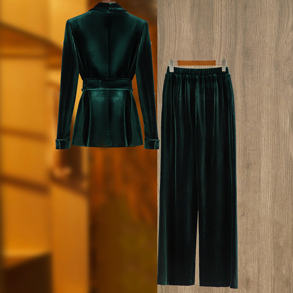 Women's Velvet Beads Suit Set in Dark Green & Black, Sizes S-XXL