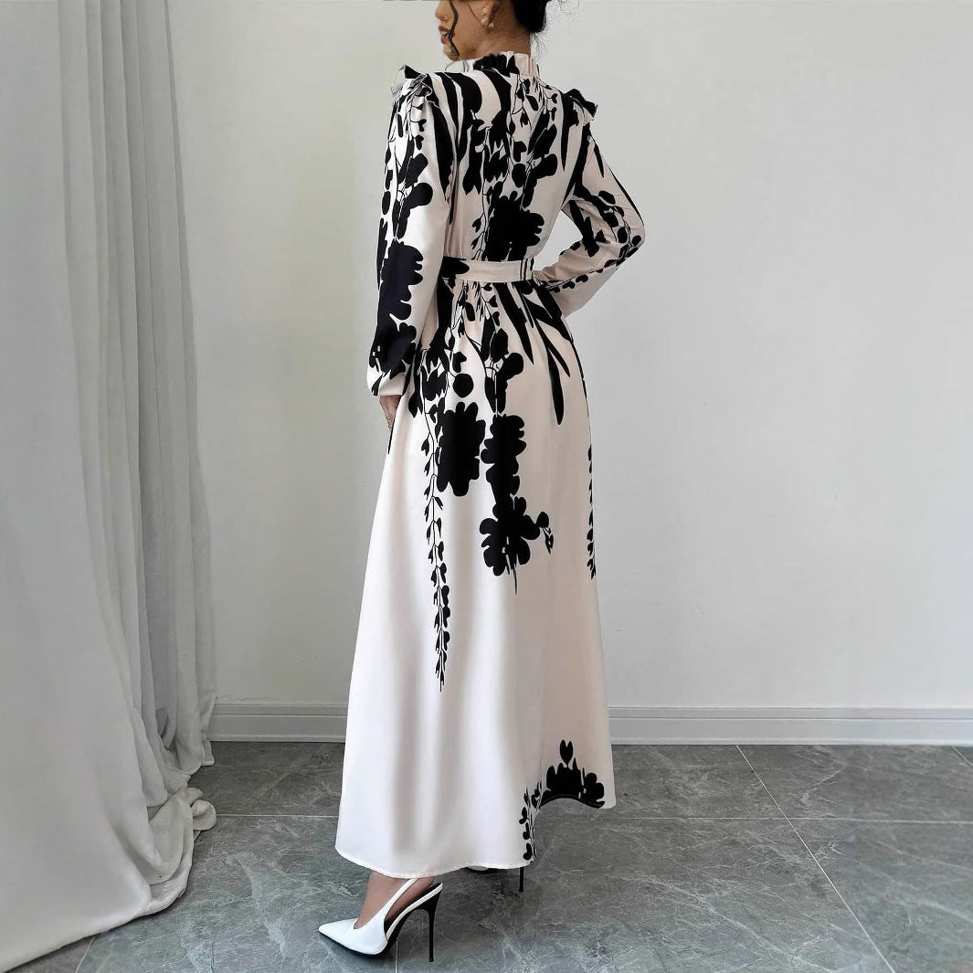 Robe trapèze femme beige imprimé fleuri taille manches longues