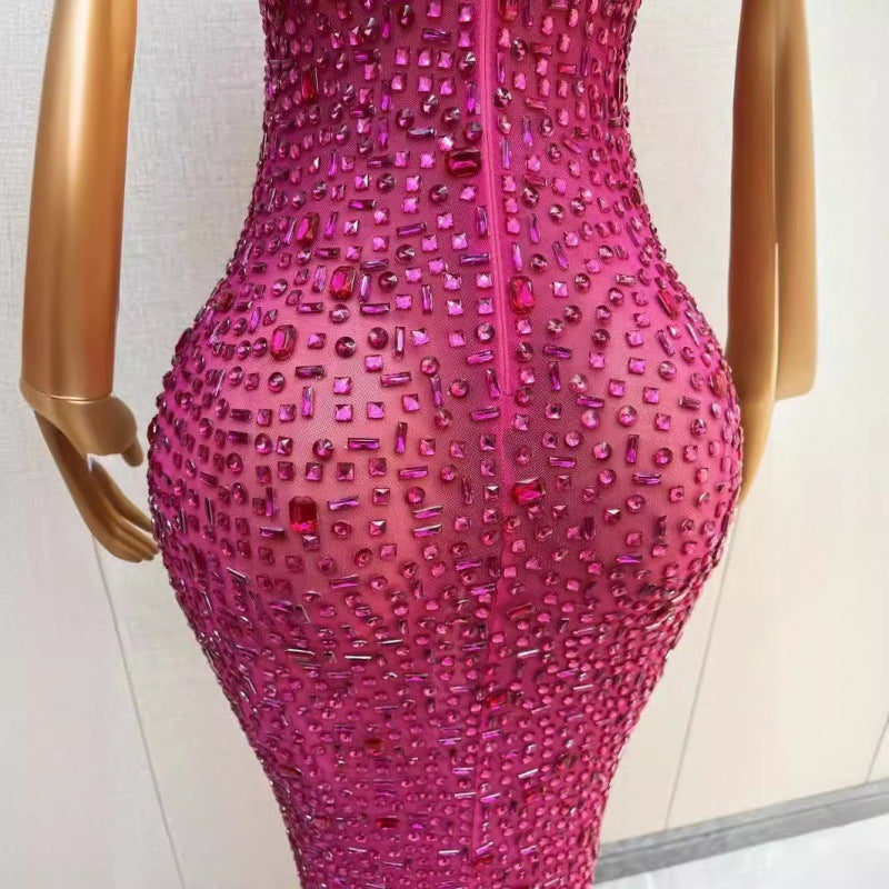 Slim Shiny Rhinestone Rose Red Birthday Party Dress