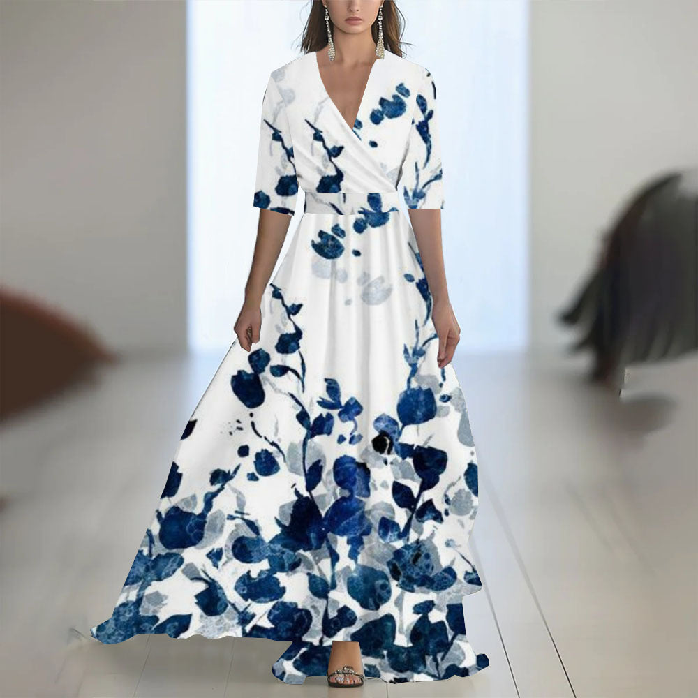 Printed Long Sleeve V-Neck Patchwork Dress with Belt