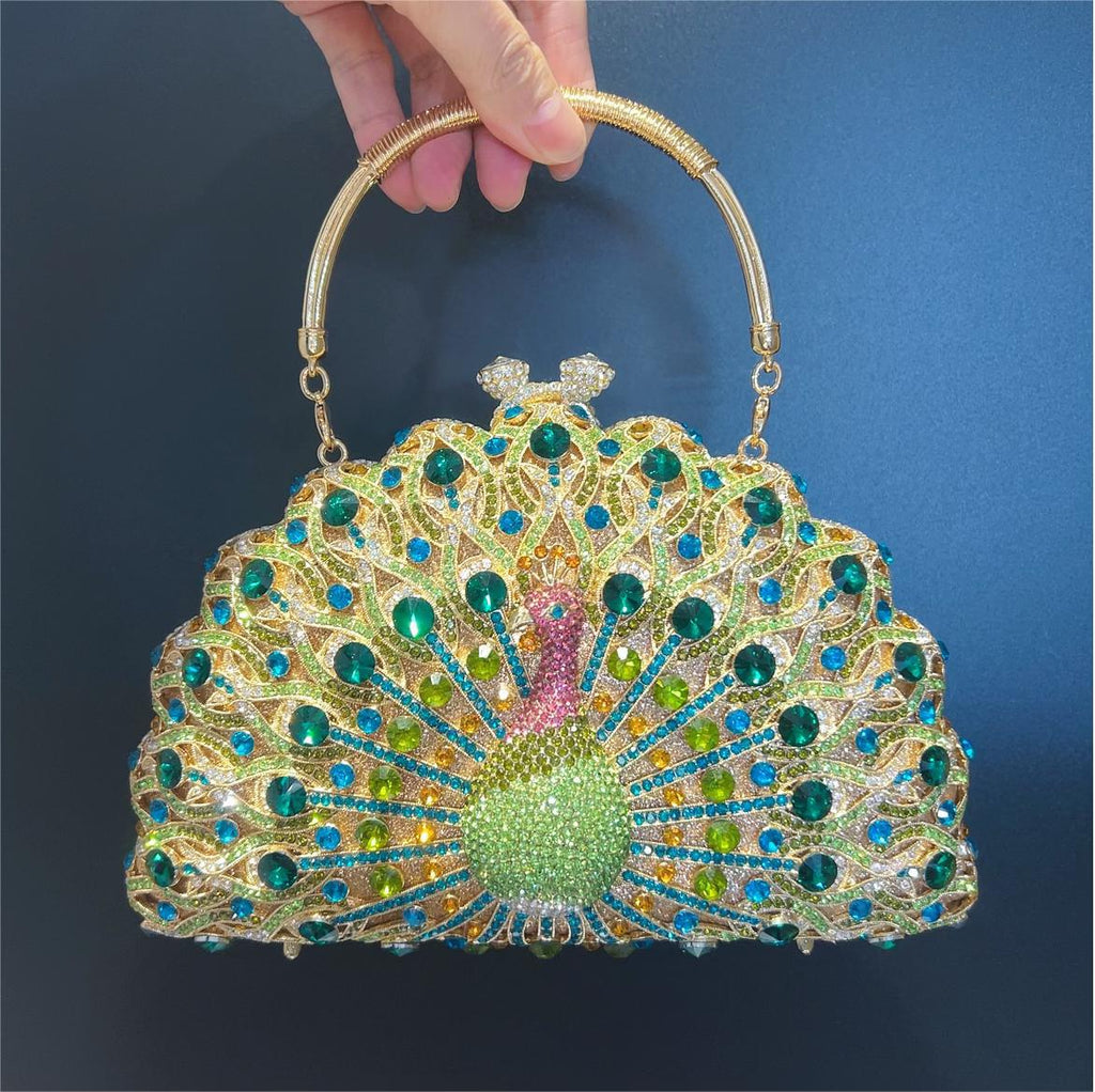 Large Peacock Diamond Evening Bag with Metal Handle and Chain, 23cm
