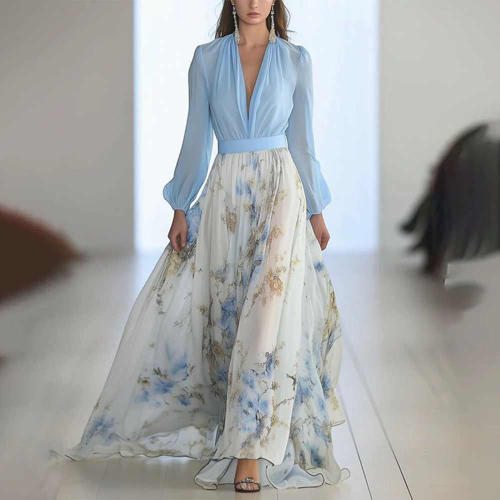 Printed Long Sleeve V-Neck Patchwork Dress with Belt