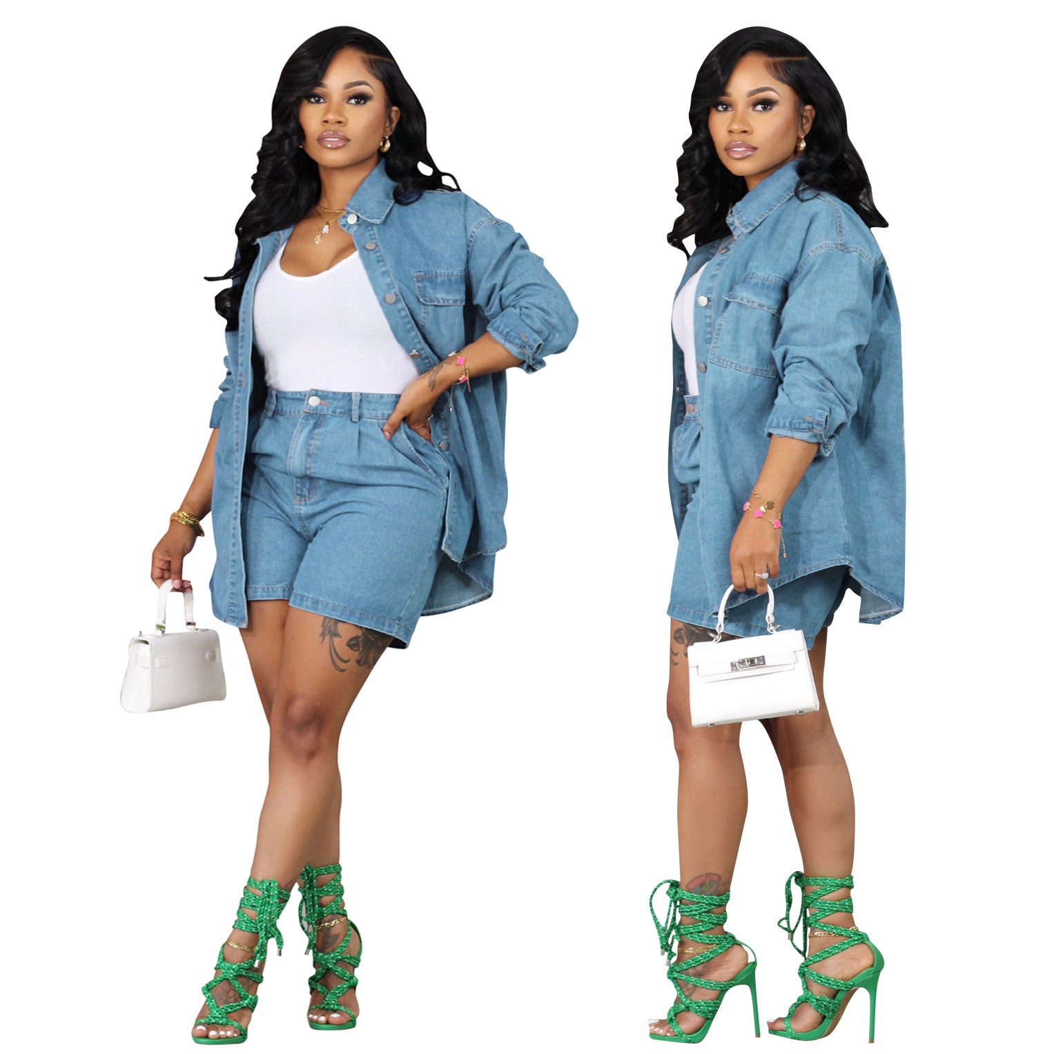 Women's Light Blue Denim Jacket and Shorts Set