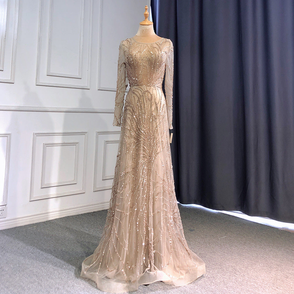 Light Luxury Caramel Polyester Evening Dress with Long Sleeves