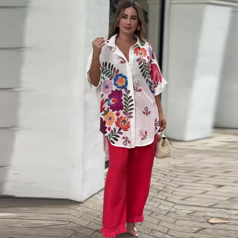 White Floral Irregular Long Sleeve Slim Shirt for Women