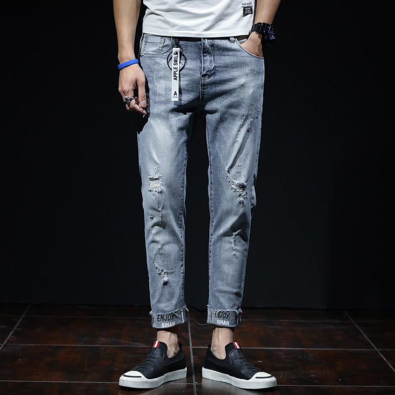 Light Blue Ripped Elastic Small Leg Straight Jeans for Youth