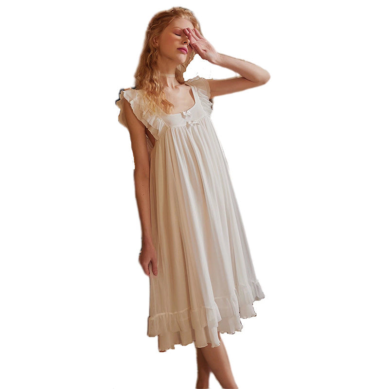 French Royal Style Summer Thin Sleeveless Nightdress Lace Princess White Pullover Pajamas Home Skirt Princess Dress