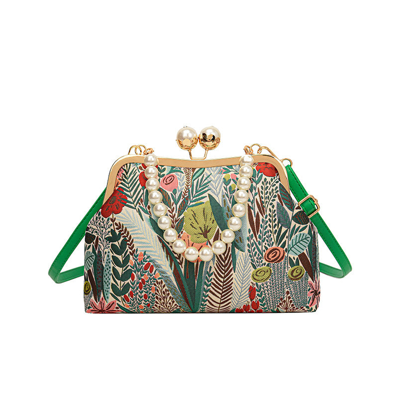 Women's Vintage Pastoral Canvas Handbag with Beads & Flowers