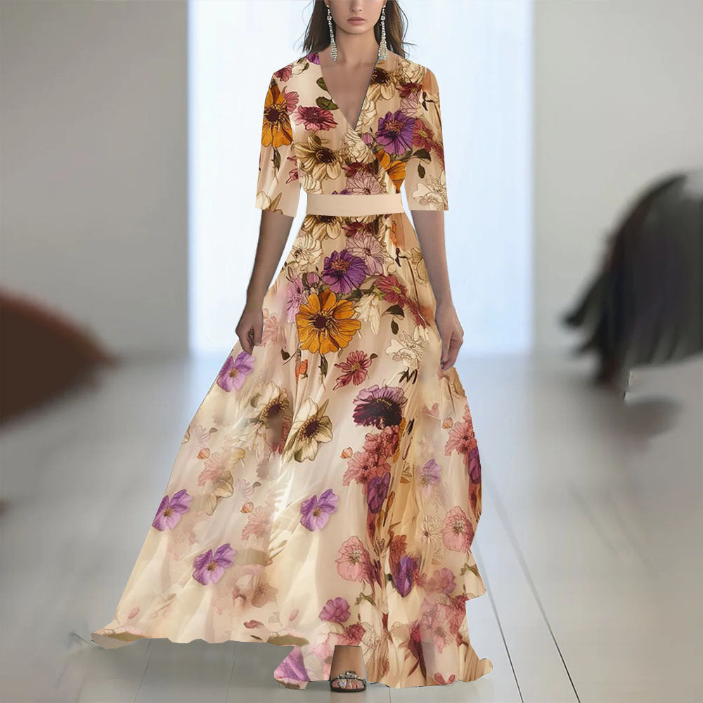 Printed Long Sleeve V-Neck Patchwork Dress with Belt