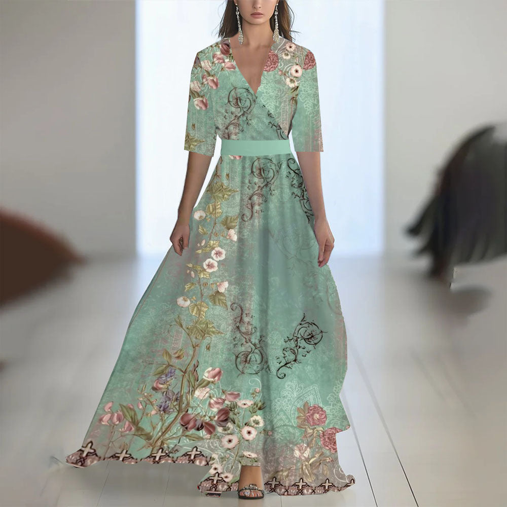 Printed Long Sleeve V-Neck Patchwork Dress with Belt