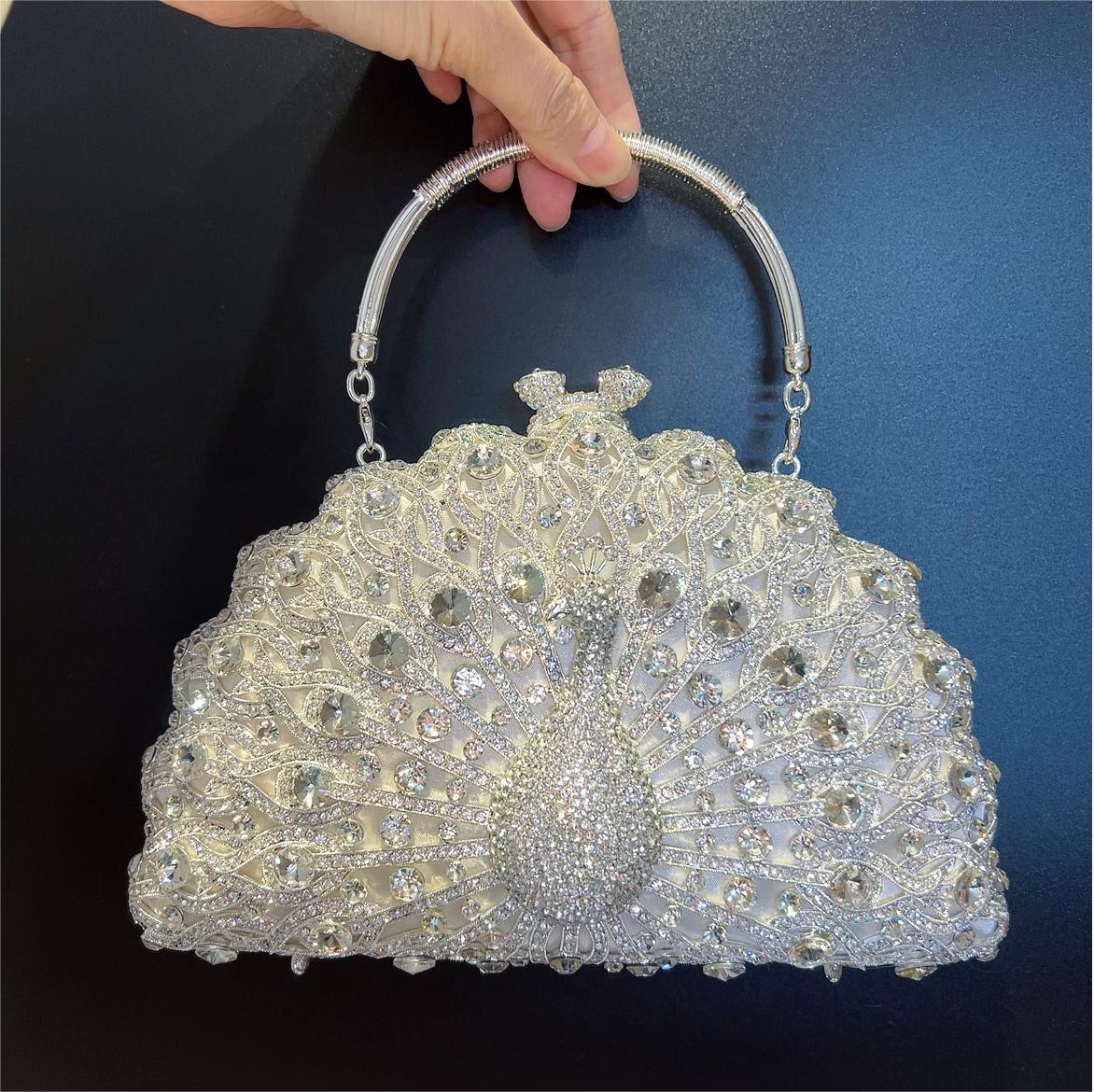 Large Peacock Diamond Evening Bag with Metal Handle and Chain, 23cm