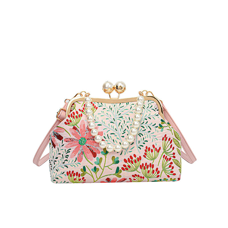 Women's Vintage Pastoral Canvas Handbag with Beads & Flowers