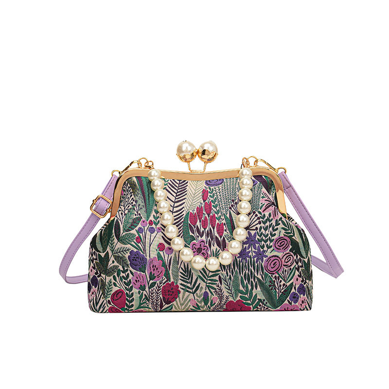 Women's Vintage Pastoral Canvas Handbag with Beads & Flowers