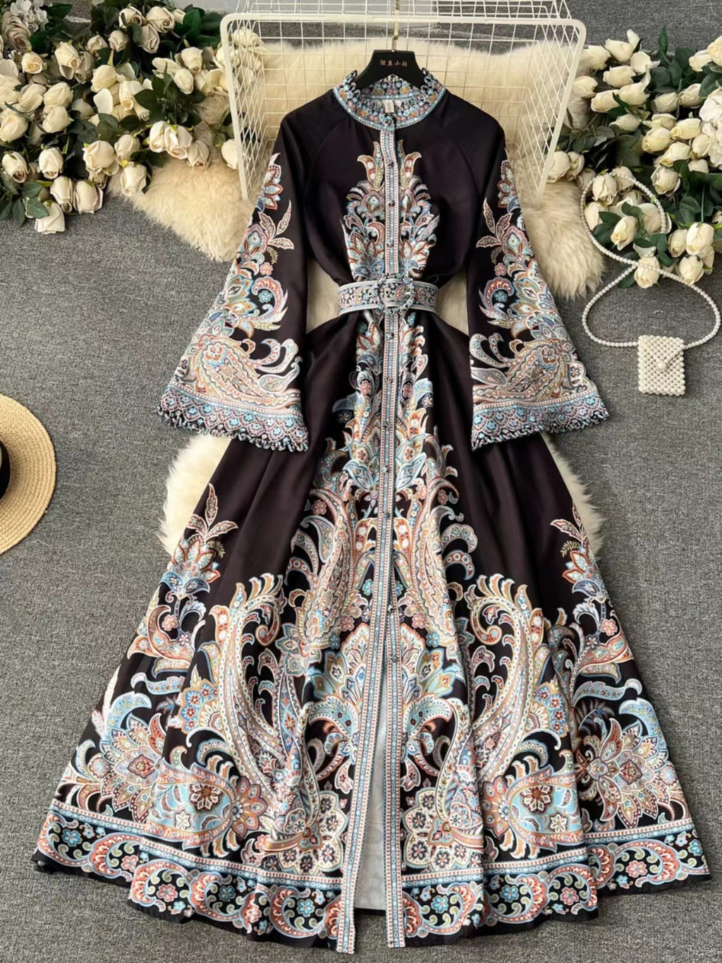 Vintage Printed Round Neck Bell Sleeve Mid-Length Elegant Dress