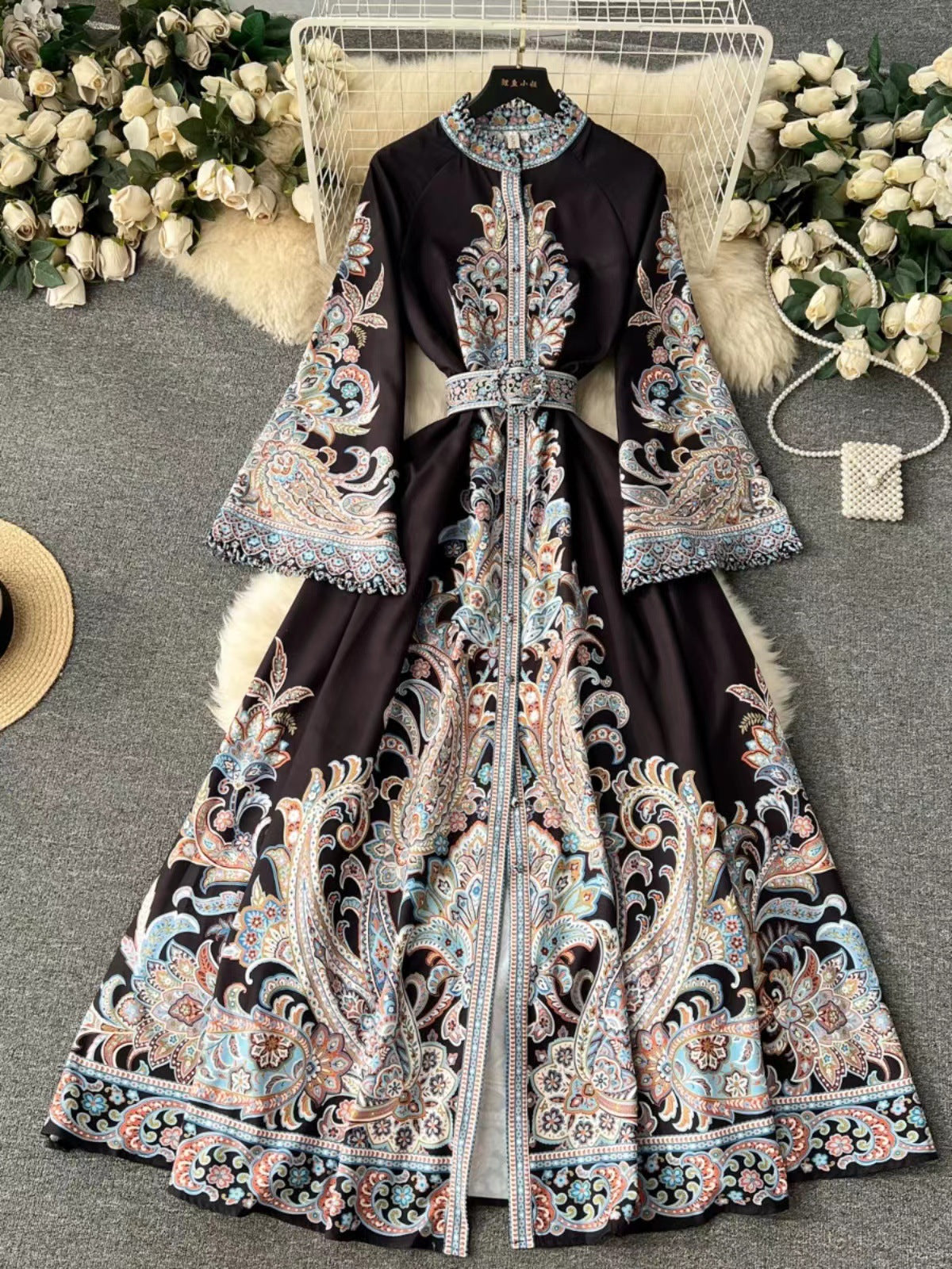 Vintage Printed Round Neck Bell Sleeve Mid-Length Elegant Dress