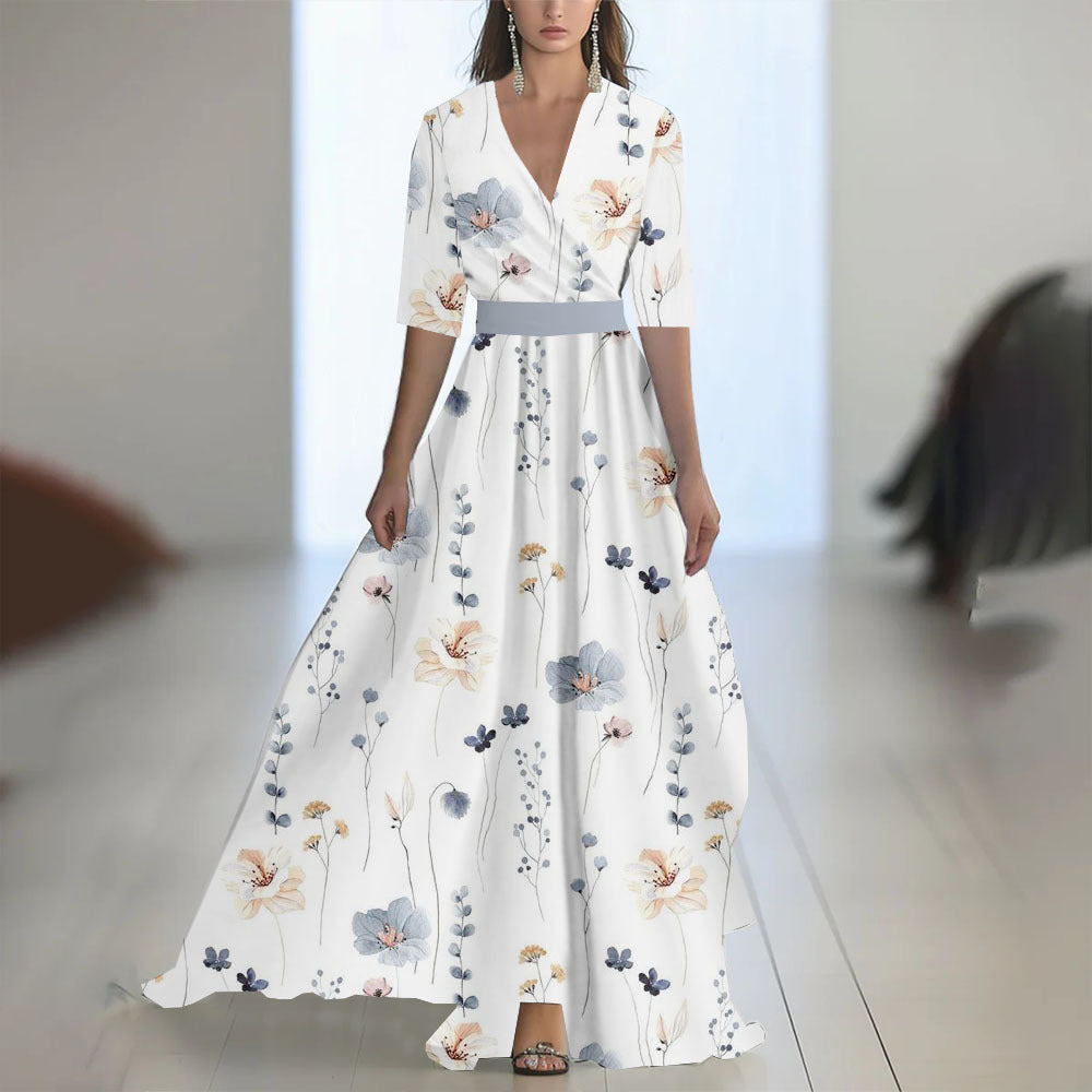 Printed Long Sleeve V-Neck Patchwork Dress with Belt