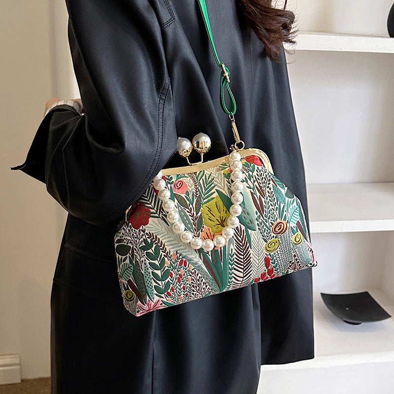 Women's Vintage Pastoral Canvas Handbag with Beads & Flowers
