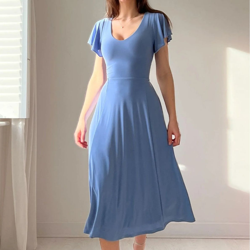 Robe trapèze mi-longue française à manches à volants pour femme